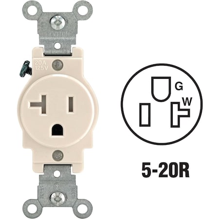 Leviton Straight Blade Receptacle, 5-20R, 20 A, 125V AC, 2 Pole, 3 Wire, Self-Grounded R56-T5020-0TS